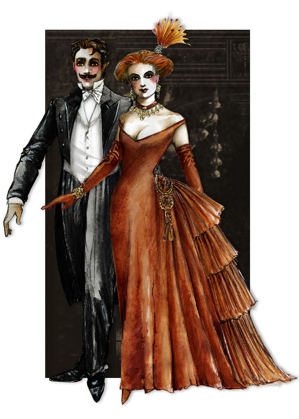 Boceto de Diseño de Vestuario, Parejas (Coro) – La Traviata