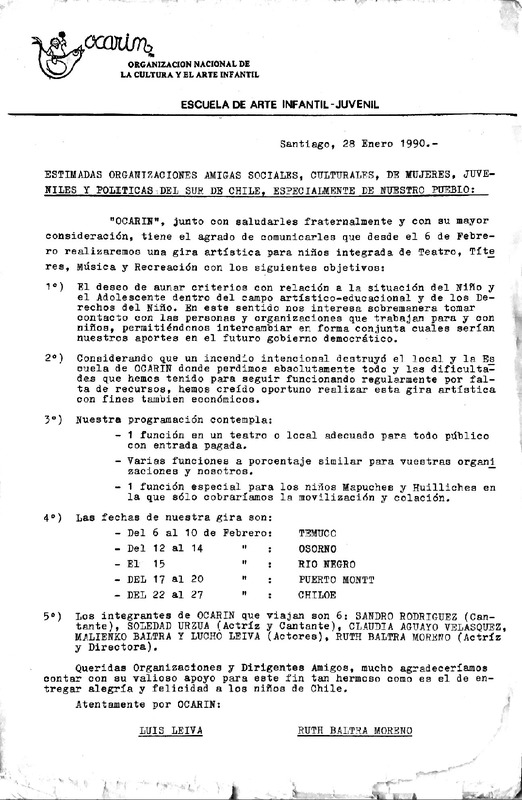 Carta que comunica gira artística Ocarin