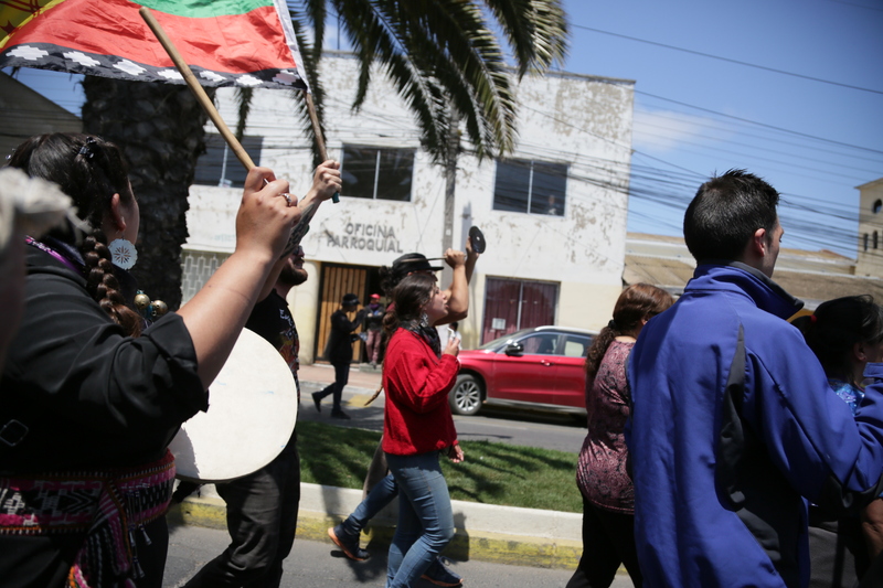 Marcha en Cartagena, bandera mapuche y cultrún
