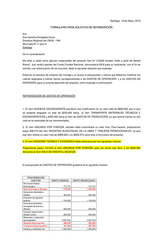 Solicitud de reitemización de gastos proyecto Fondart