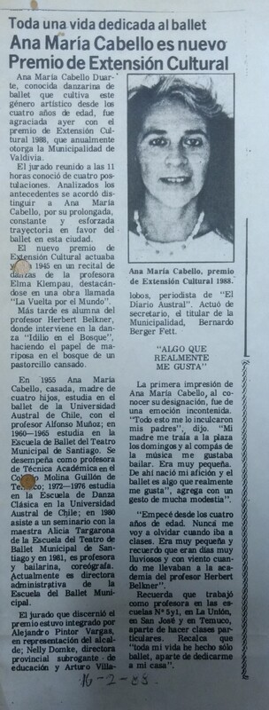 Nota de prensa "Ana María Cabello es nuevo Premio de Extensión Cultural"