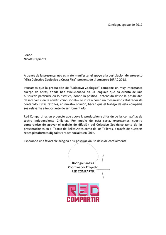 Carta de apoyo de Red Compartir a Colectivo Zoológico