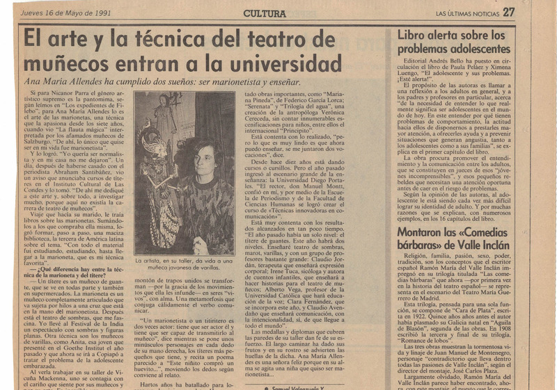 Recorte de pensa: "El arte y la técnica del teatro de muñecos entran a la universidad"