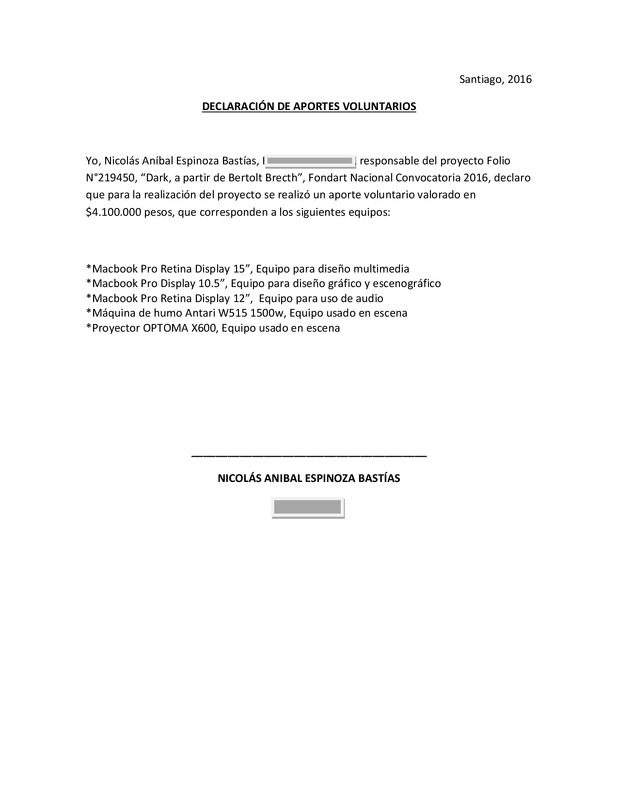 Declaración aportes propios para postulación Fondart 2016 de Dark